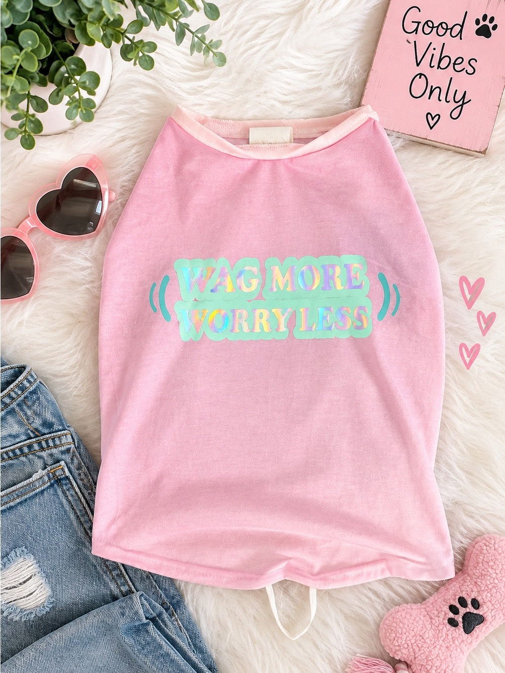 Pink "Wag More Worry Less" Kids Tank Top